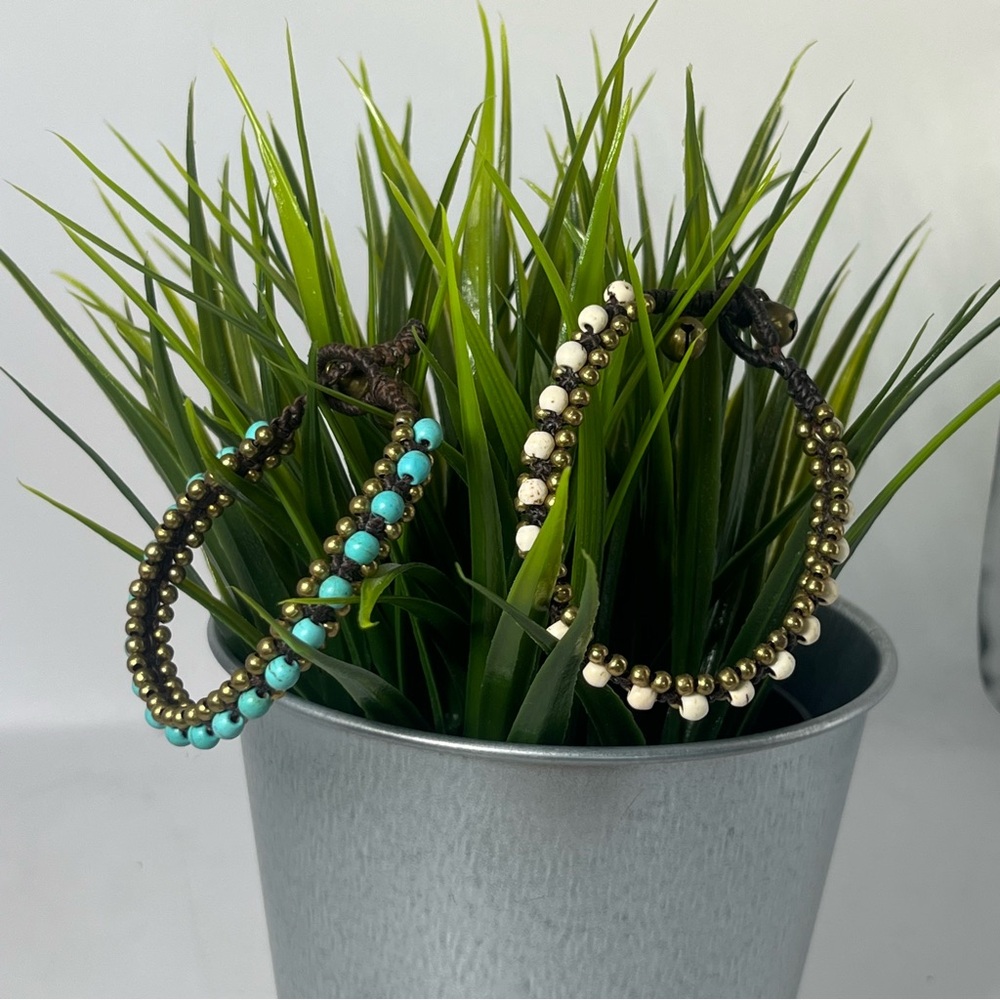 Beaded Bracelet‎ Set with Bells, Turquoise, White & Gold Accents Boho Festival